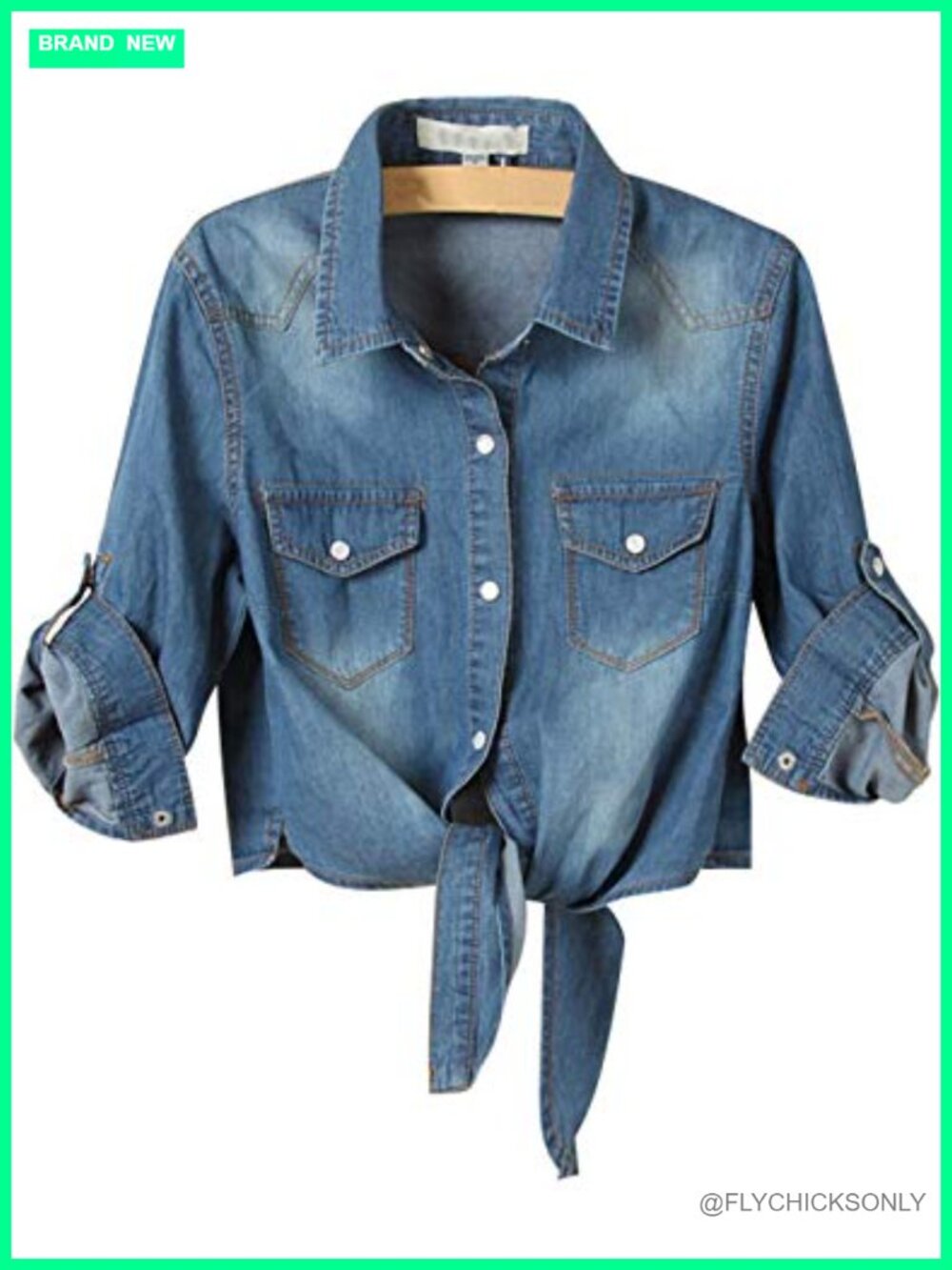 Women's Denim Crop Top 3/4 Roll Up Sleeve Tie Front Button Down